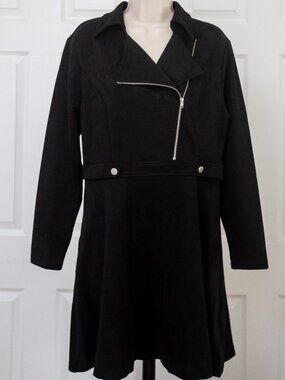 Black Asymmetrical Zip Faux Suede Fit-and-Flare Coat Dress